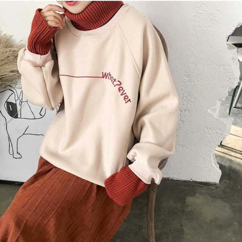 

Sweatshirt Femme spring Womens Fahion Long Sleeve Plus Velvet Sweatshirts Korean Harajuku Embroidery Hoodies Tops 210601, Beige