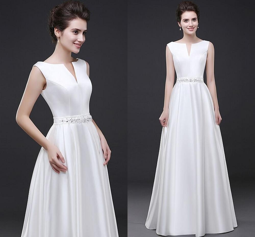 

2021 Simple Boho A-line Es Scoop Satin Bridal Crystal Sashes Vestidos De Noiva Wedding Gowns New Arrive Sxnb, White