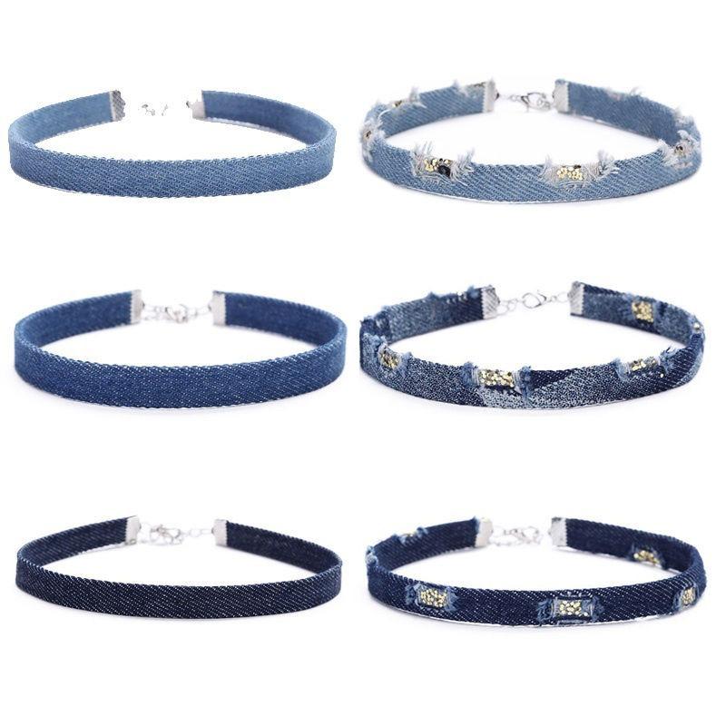 

Chokers 6 Pieces/set Choker Necklace Blue Distressed Frayed Denim Jeans Gothic Rope Chain For Women Jewelry Gift