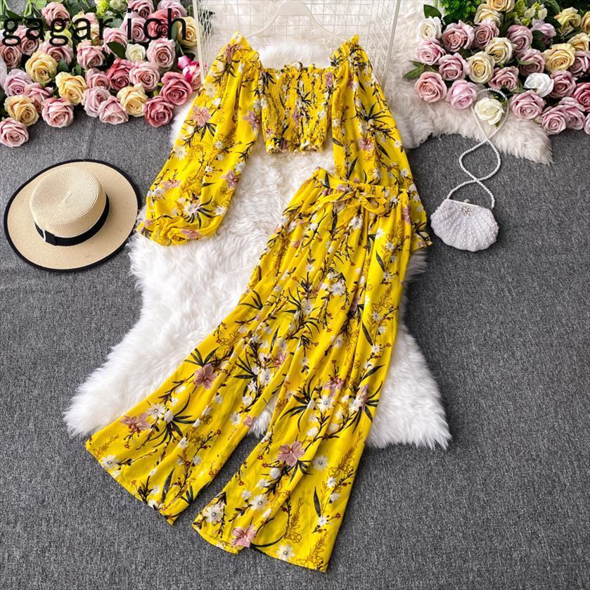 

2 Piece Set Chiffon Womenpant Fashion Suit Autumn Square Collar Floral Short Tops High Waist Wide Leg Pants Sexy, White