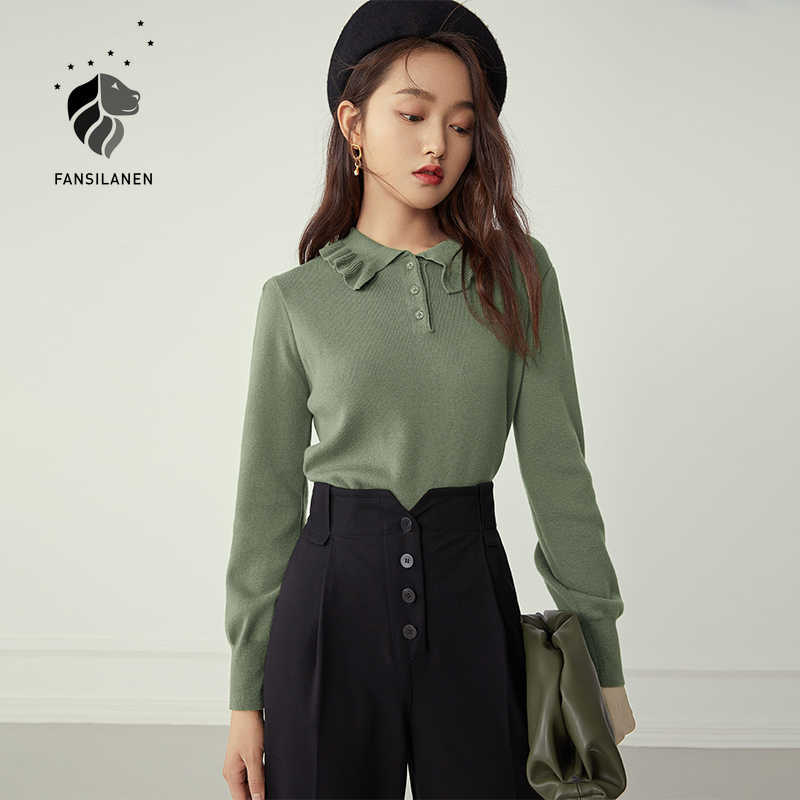 

FANSILANEN Polo ruffle vitnage knitted sweater Women autumn winter long sleeve black pullover Female elegant green jumper top 210607