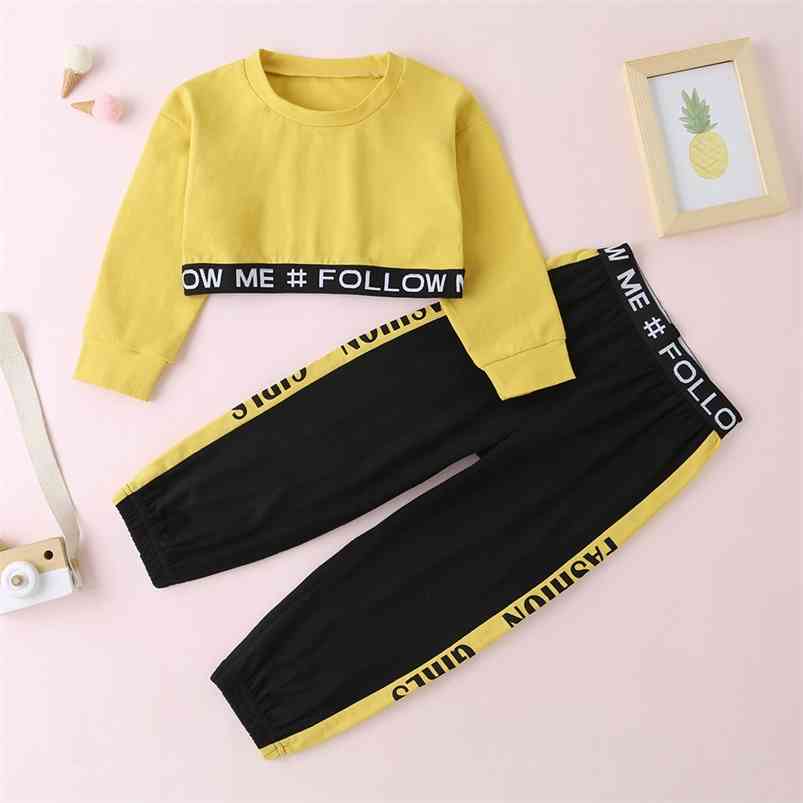 

Winter Children Sets Casual Girls Long Sleeve O Neck Letter T-shirt Patchwork Black Pants Clothes 18M-6T 210629, Yellow