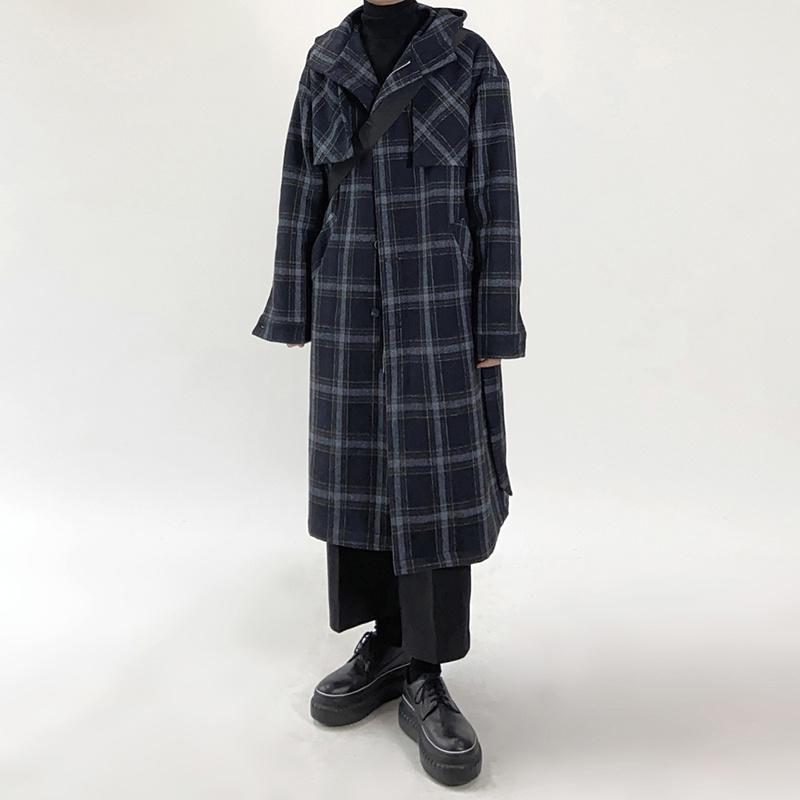 

Men's Wool & Blends Winter Thick Plaid Woolen Coat Men Warm Fashion Casual Oversized Korean Loose Hooded Mens Overcoat, Blue