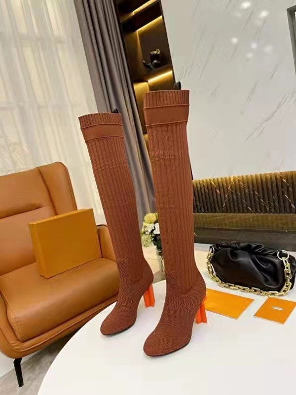 

autumn winter Half boots fashion sexy Knitted elastic socks Lace-Up Genuine Leather Martin boot designer FF Alphabetic women shoes lady Letter Large size 35-42