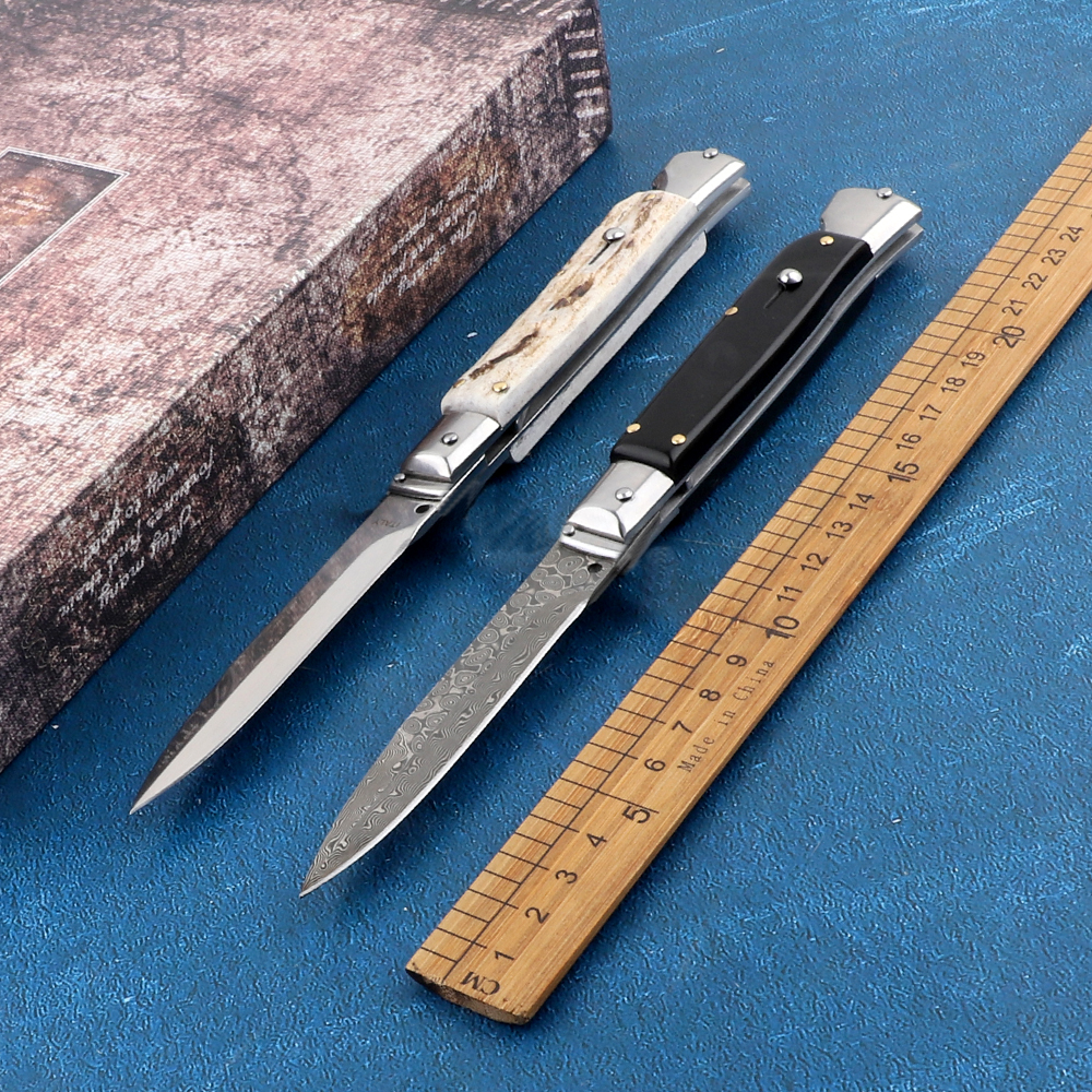 

9 inch Damascus Horn Blade Mafia Folding Knife Double Action 440 Stainless Steel Blade Camping Hunting EDC Tool