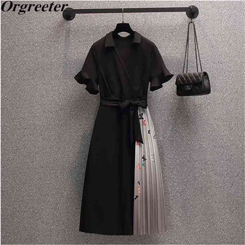

Summer Dress Elegant Ladies V-neck Flare sleeve Sashes Butterfly Printted Striped Mid Long Casual Pleated Dresses 210602, Black