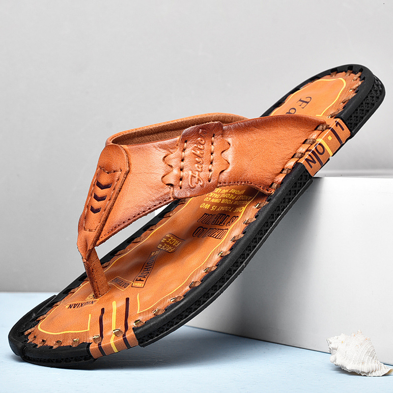 

Slippers Fashion sandals men's summer top leather soft sole wear flip flop casual beach shoes 7DMM, 1# shoe box