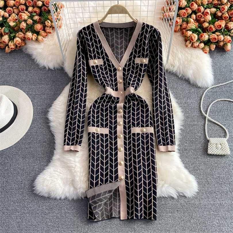 

Small Fragrance Long Sleeve Knitted Sweater Dres Plaid Sexy Sheath Bodycon Vintage Autumn Winter Fashion Robe Femme 211110, Khaki