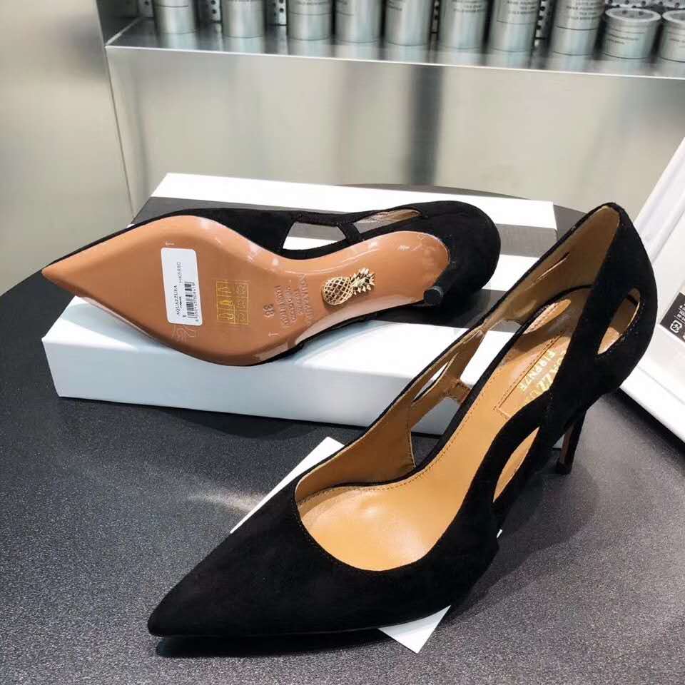 

New Season Aquazzura Forever Pumps Suede Leather Forever Pumps Pointed Toe Cut Out Detail High Stiletto Heel Shoes, Black