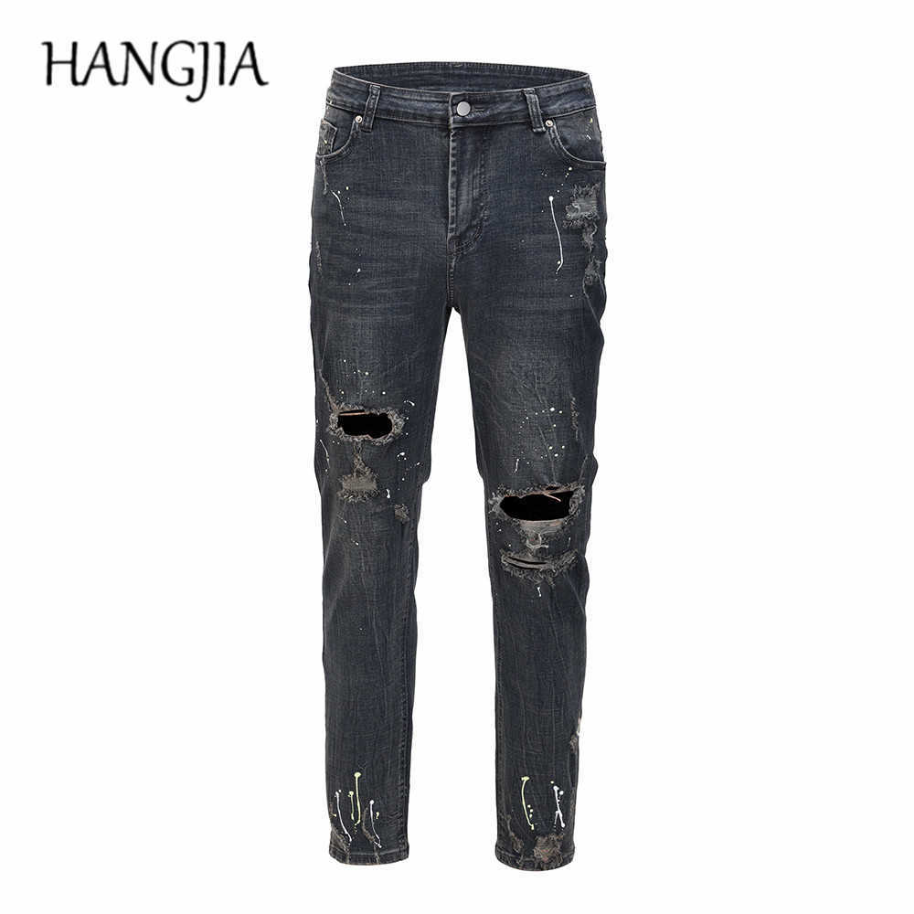 

Swag Washed Destroyed Jean Streetwear Knee Hole Biker Jeans Men Trend Fashion Splash Ink Skinny Jeans Pants for Men C0607, Blue