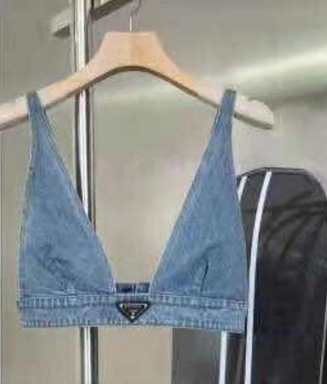 

Womens Designers T Shirts Underwear With Metal Triangle Badge Sexy Deep V Denim Sling Tube Tops Women Clothing, White