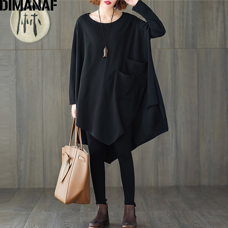 DIMANAF Plus Size Spring Women Blouse Shirts Lady Tops Tunic Basic Casual Loose Solid Black Bat Sleeve Oversize Female Clothing 210225Z