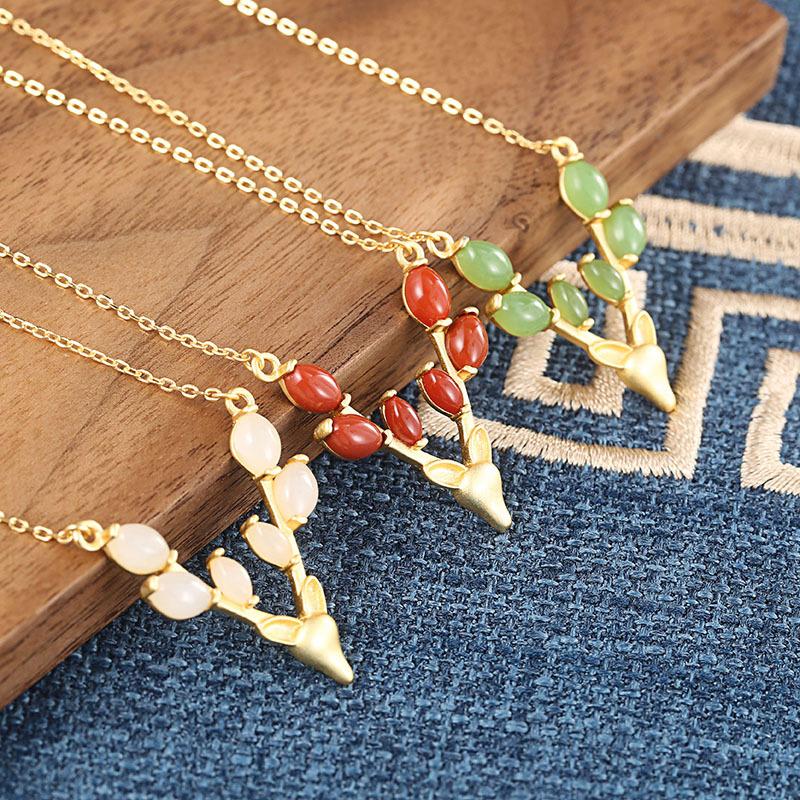 

Chains SA SILVERAGE Hetian Jade Red Agate Sapphire Has Your Elk Pendant All Way S925 Sterling Silver Deer Necklace Female Rice Grain