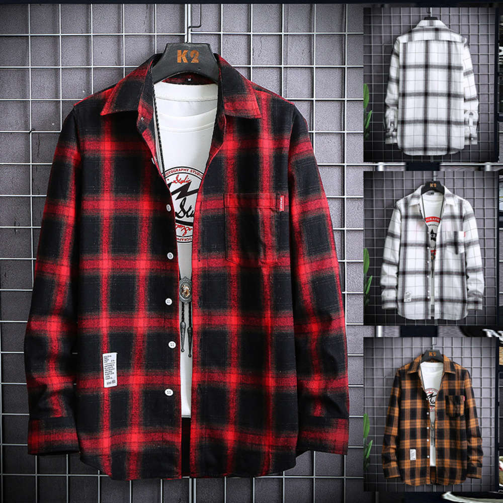 

Chaoshen 2021 men's long sleeve autumn shirt style check trend, White;black