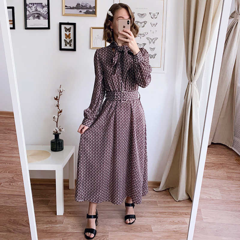 

Tie Vintage Print Sashes Long Sleeve Chiffon A Line Dress Women Big Swing Casual Loose Streetwear Party Evening Elegant Dresses 210608