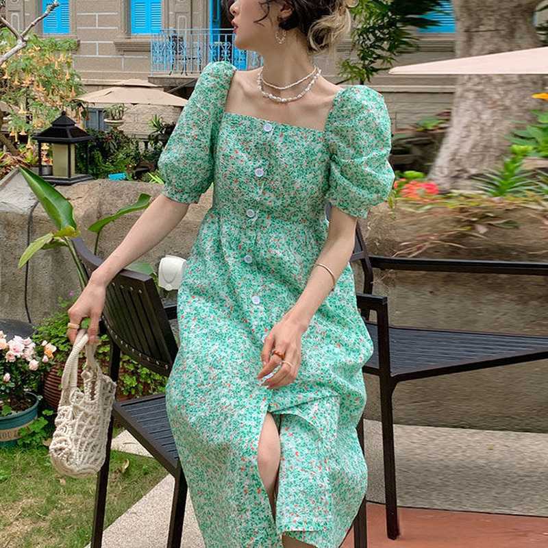 

Summer Vintage Green Floral Dres Korean Elegant Split Designer Midi Female Casual Puff Sleeve Holiday 210604, Green floral dress