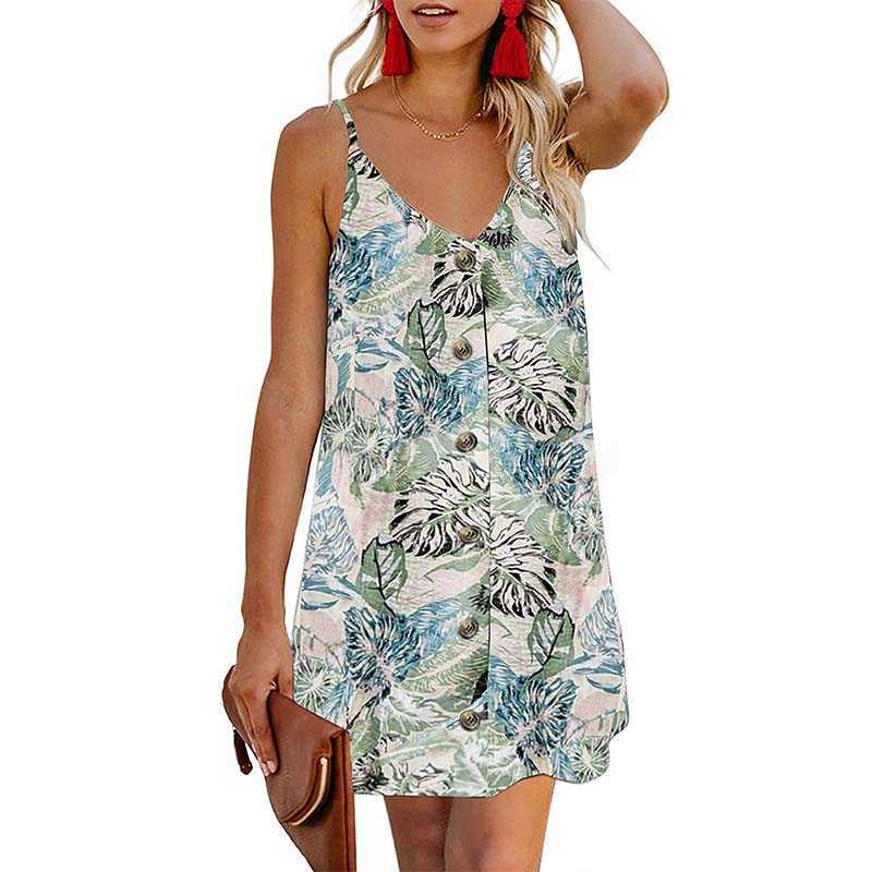 

Spaghetti Strap Single Breasted Floral Print V Neck Sleeveless Dress Women Backless Casual Streetwear Loose Above Knee Dresses 210608, Black