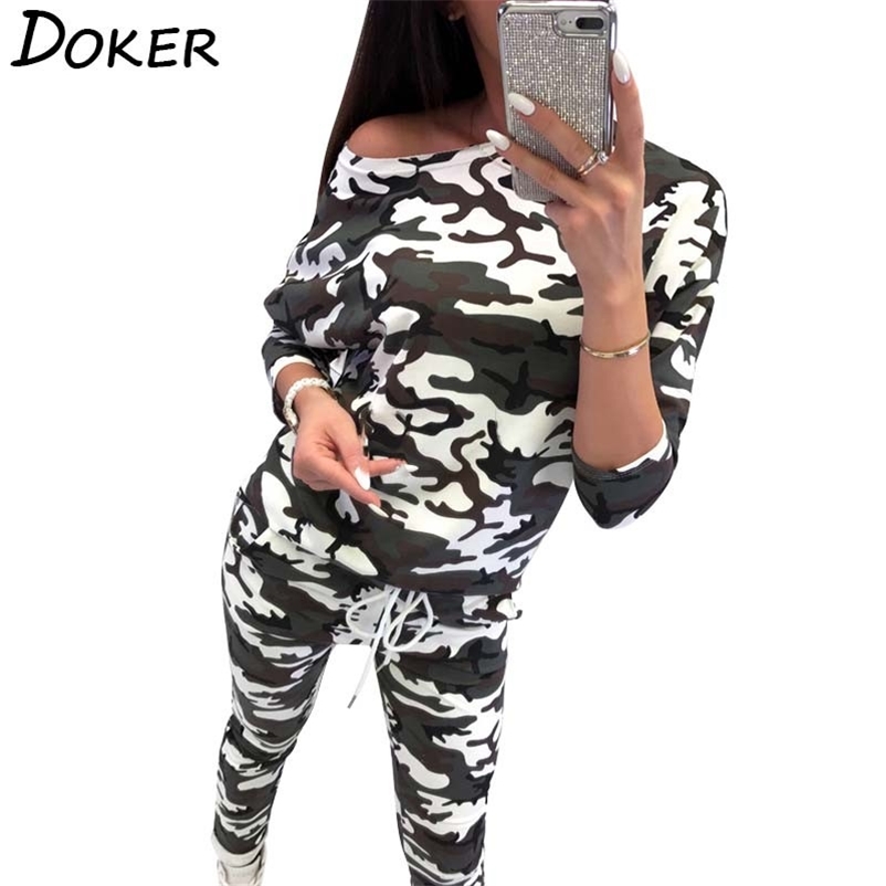 

Women 2 Two Piece Set Spring Camouflage Print Long Sleeve Sexy Tshirt Tops And Pencil Pants Fashion Casual Sweat Suit Femme 210604, White