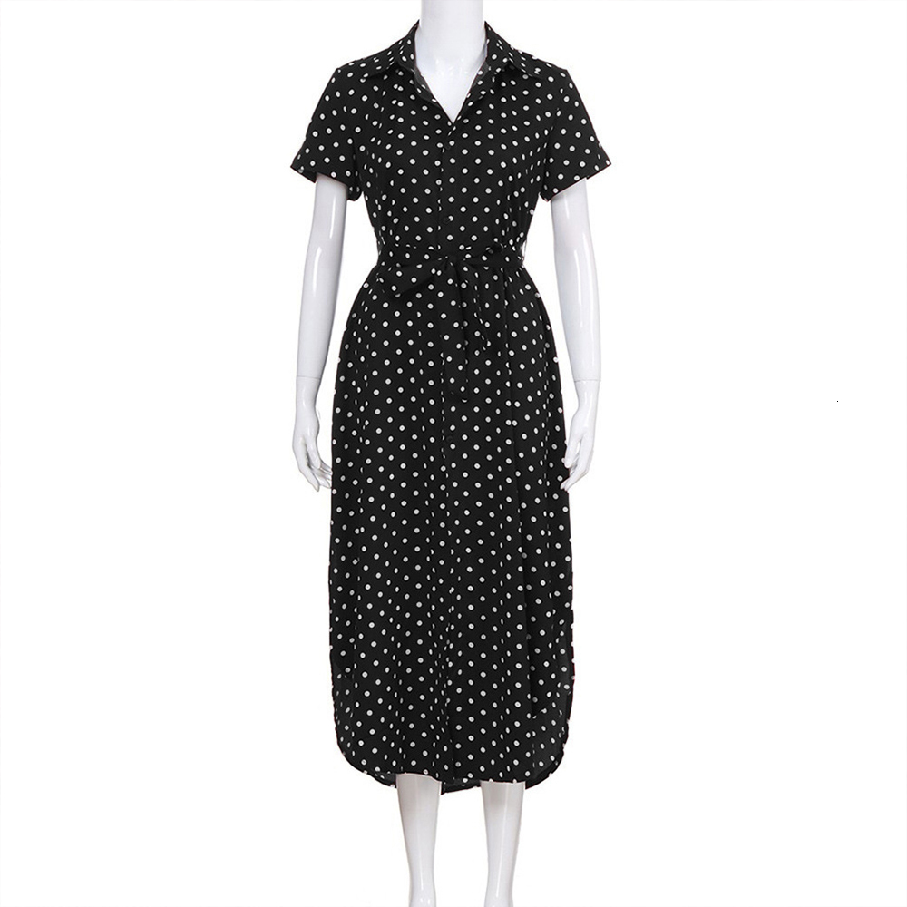 

2021 New Women Casual Summer Short Sleeve Polka Dot Shirt Long Elegant Lace Up Sashes Beach Vintage Boho F8p7, White