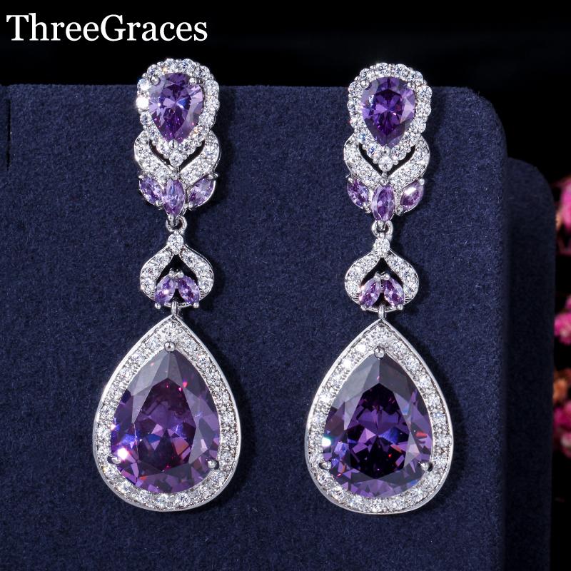 

Dangle & Chandelier ThreeGraces Luxury Design White Gold Color Purple Cubic Zirconia Crystal Women Long Drop Earrings For Wedding Jewelry ER, Silver