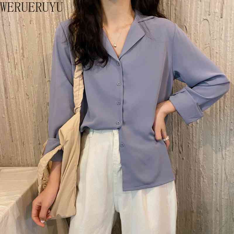 

WERUERUYU Casual Loose Women Blouses Shirts Minimalist Single-breasted Female Blue Shirts Spring Tops Oversized 210608, Photo color