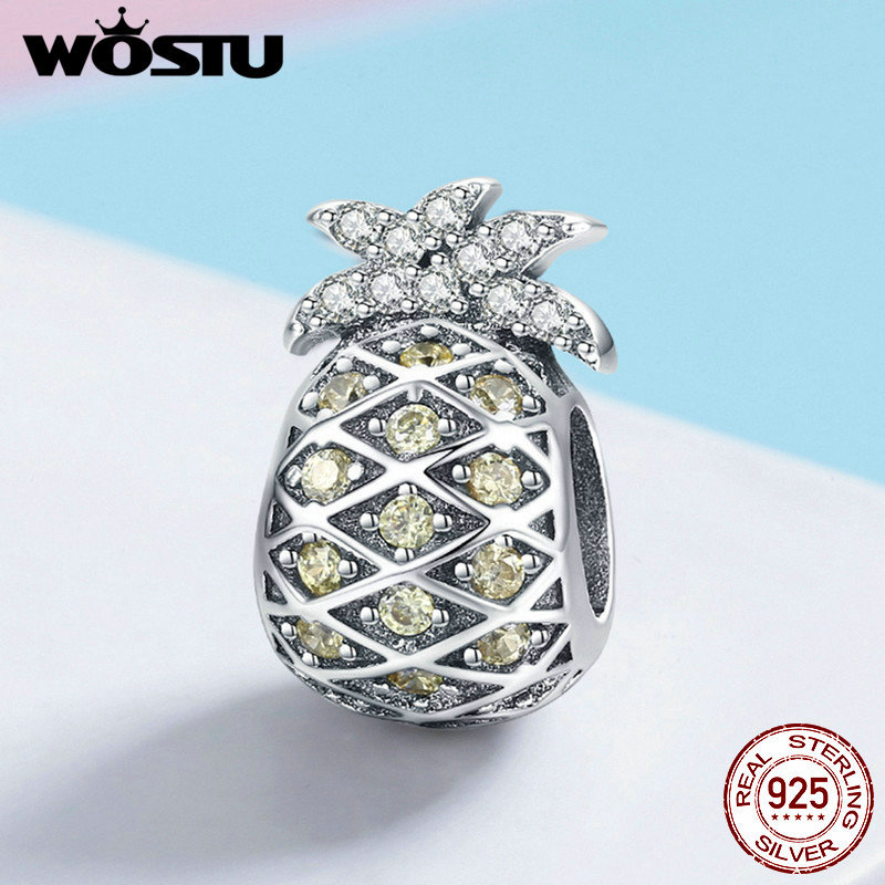 

WOSTU Genuine 100% 925 Sterling Silver Summer Pineapple Beads Fit Charm Bracelet & Necklace Pendant Fresh Silver Jewelry FIC936 Q0531