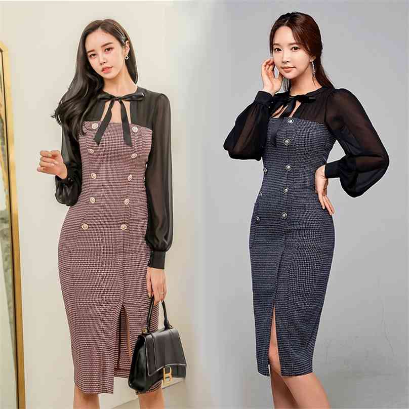 

Han edition autumn style with hollow out led gauze bag hip double-breasted sleeve cultivate one's morality dress 210602, Blue
