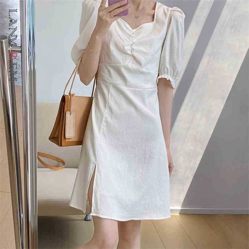 

Split Black Dress Women's Slim High Waist V-neck Mini Dresses Female Summer Short Sleeve Elegant 2D3881 210526