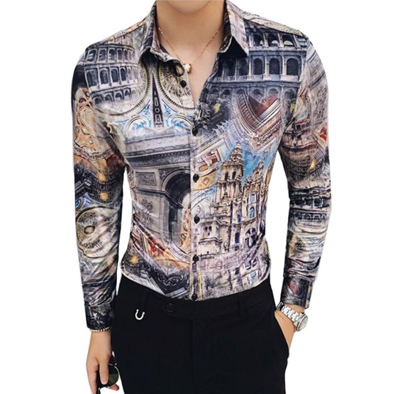 

2021 Luxury Velvet Men Shirts Long Sleeve Casual Shirts Keep Warm Print Slim Fit Dress Mens Business Blouses, Flower colour