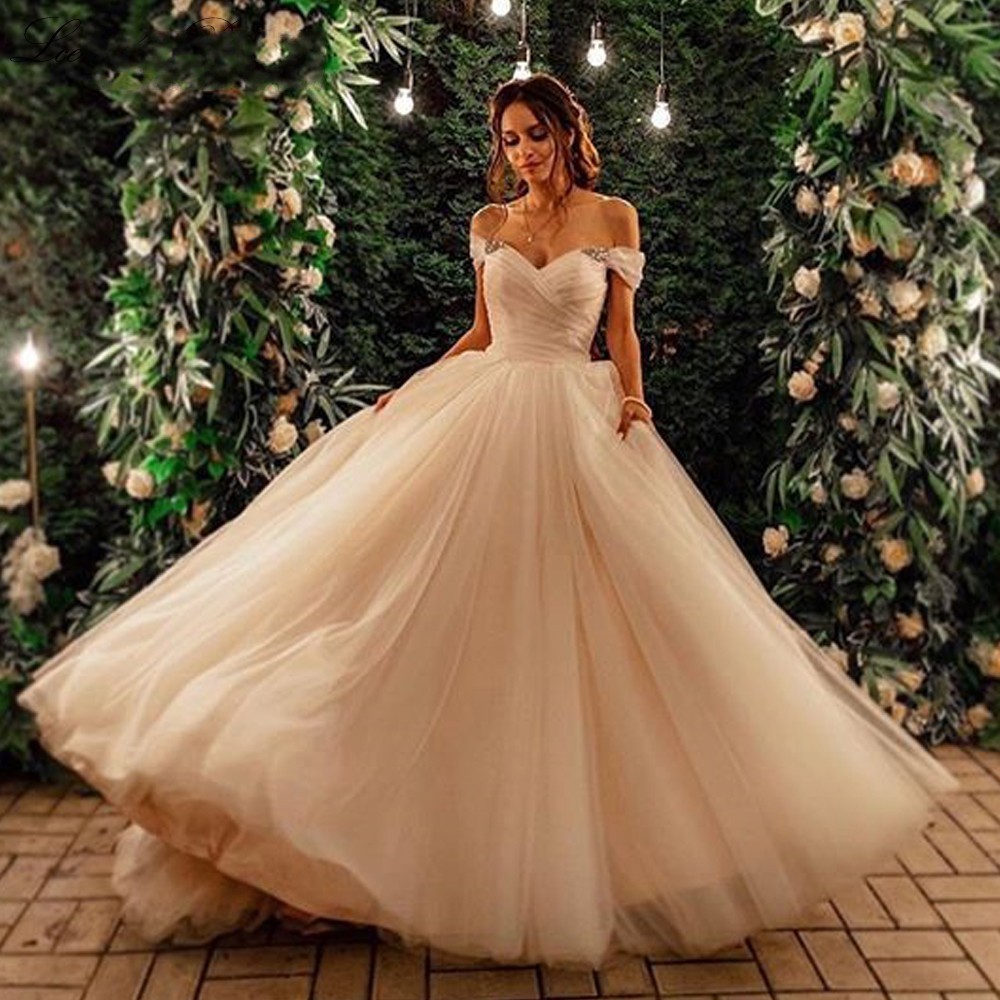 

A-line Boat Neck Pleated Tulle Wedding 2021 Vestido De Mariee Off Shoulder Floor Length Sleeveless Bridal Gowns New R6ci, Red