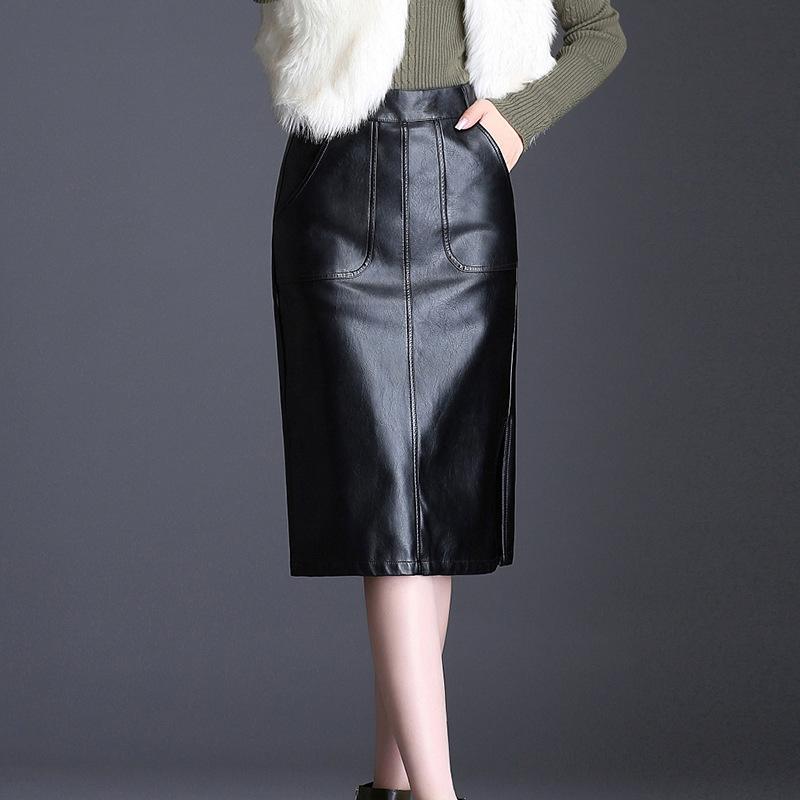 

Skirts 2021 High Quality Fall Winter Women Pencil Skirt With Pocekt Waist PU Leather -7XL Female Mid-Long, Black