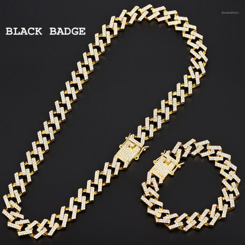 

Iced Out Crystal Rhinestone Miami Cuban Chain Hip Hop Necklaces Gold Silver Color Necklace Bracelet Set For Men Drop Chains