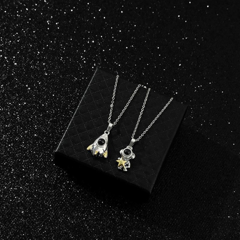 

Pendant Necklaces Fashion Astronaut Rocket Couple 100 Languages I Love You Projection Chain For Friend Lover Jewelry Gift, Silver