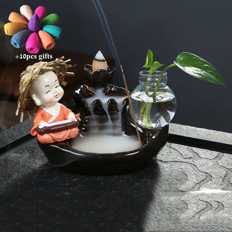 

Ceramic Zen Little Monk Smoke Backflow Incense Burner Creative Incense Holder Waterfall Censer Home Decor + 10pcs Free Cones, Slivery;golden