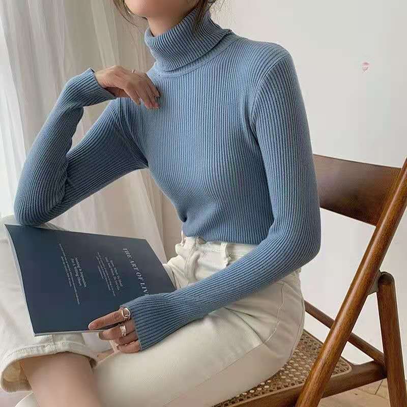

New Korean Style Winter Knitted Pullovers Sweater For Women Fashion Warm Turtlenck Long Sleeve Full Color Skinny Ladies Tops, White;black