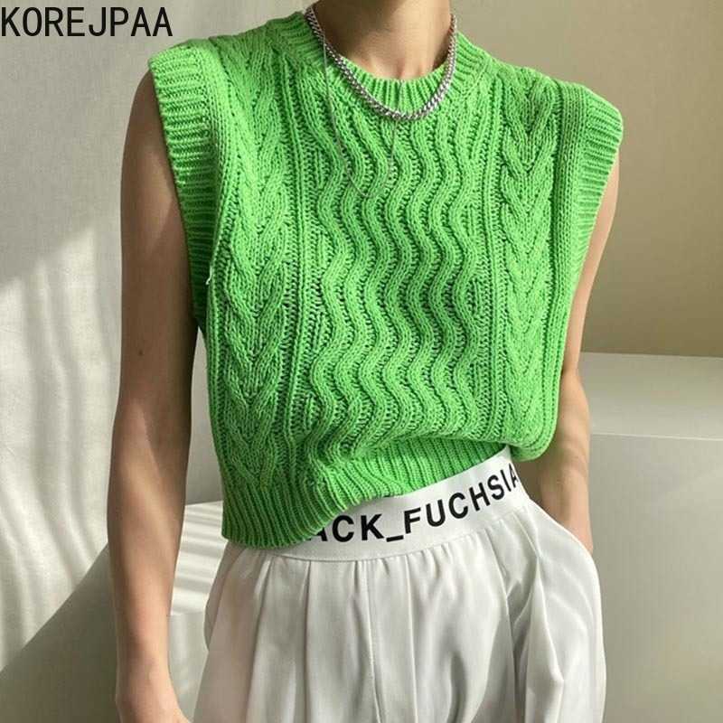 

Korejpaa Women Vest Spring Autumn Korean Chic Girls Casual Round Neck Candy Linen Pattern Design Sleeveless Knitted Vests 210526, Green