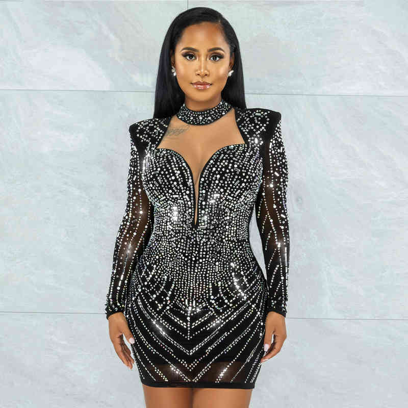 

Sexy Deep V Long Sleeve Nightclub Evening Party Diamond Mesh Perspective Women Dress, Black;gray