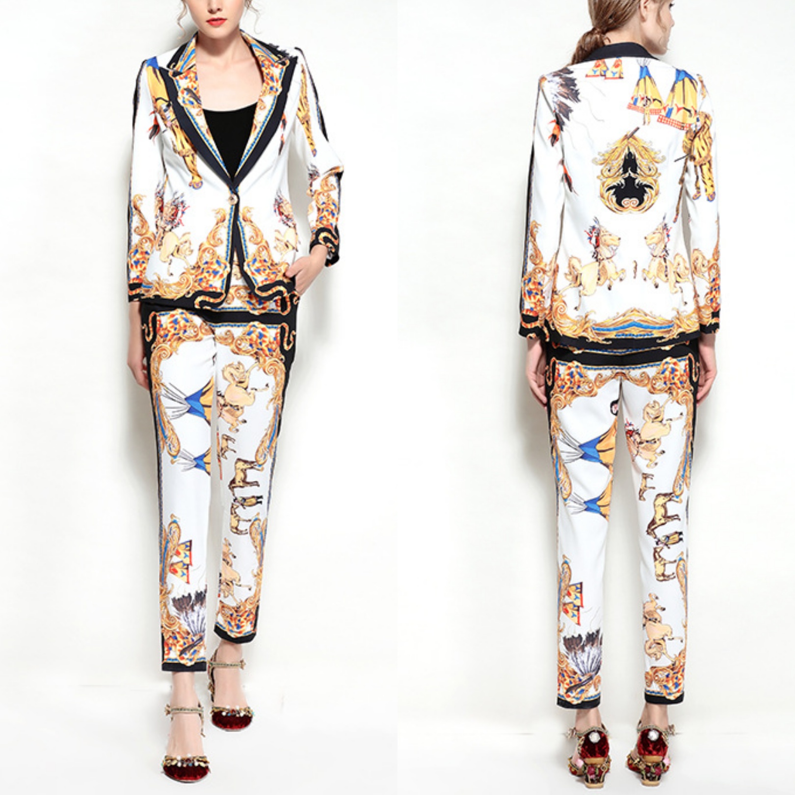 

Europe and the United States the latest high-quality printed slim jacket + trousers two-piece suit, White