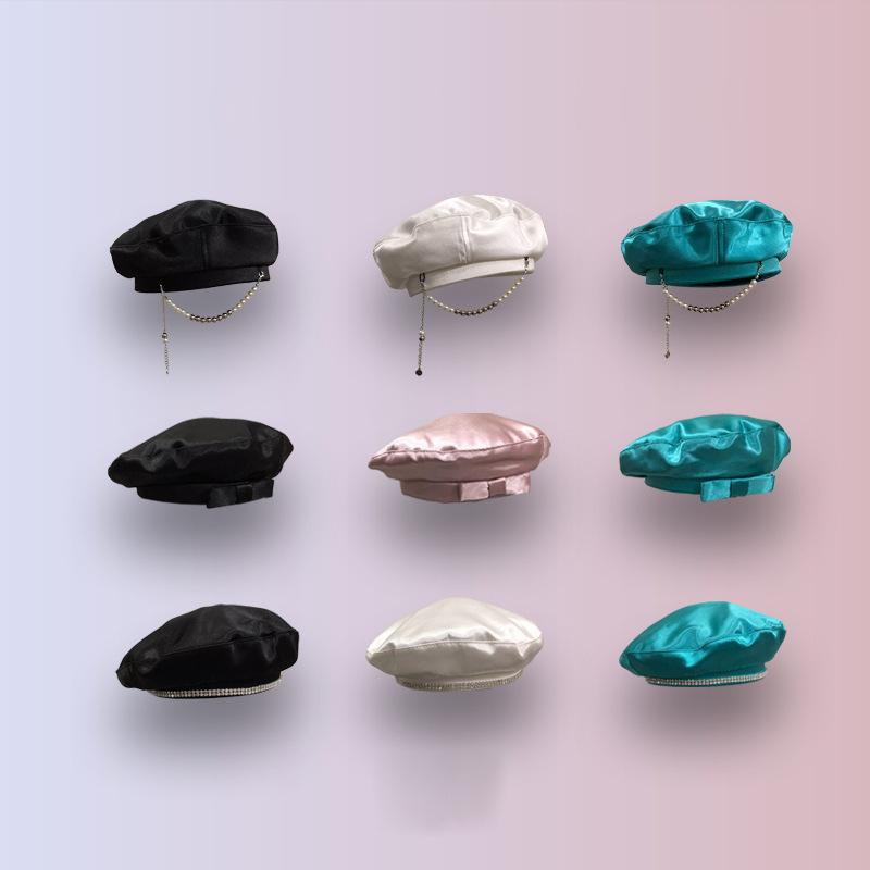

Berets Korean Spring Fashion Western-style Silk Pearl Chain Beret Net Red Bow Rhinestone Satin Female Autumn And Winter