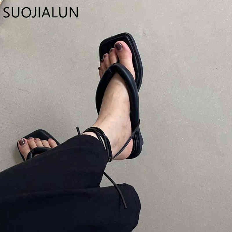 

SUOJIALUN New Summer Women Sandal Shoes Fashion Green Outdoor Casual Low Heel Flip Flop Shoes Ladies Ankle Strap Rome Sandals K78, Black