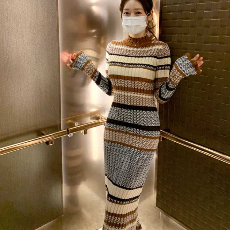

Women Autumn Winter Sweater Knitted Dresses Fashion Turtleneck Long Sleeve Lady Bodycon Robe Vestidos 210526, Photo color