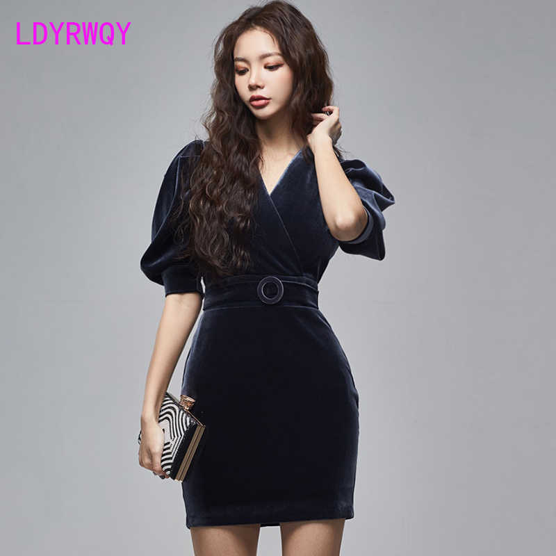 

spring style gold velvet V-neck waist was thin package hip dress Knee-Length Regular Office Lady Polyester 210603, Dark blue