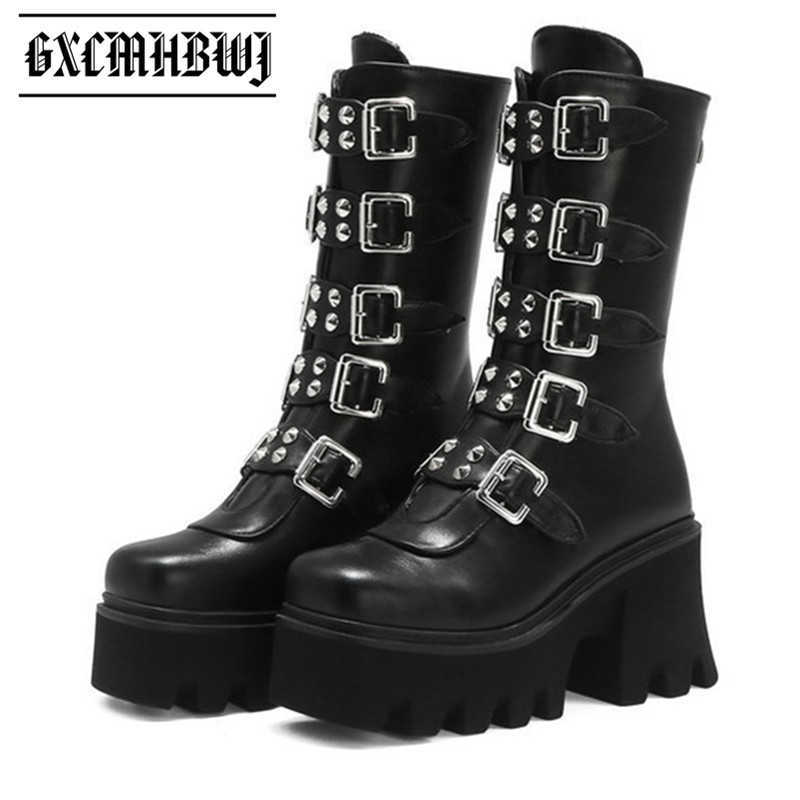 

GXCMHBWJ Punk Goth Style Women Platform Boots Round Toe Buckle Strap Back Zipper Mid Calf Woman Demonia Boots For Autumn Winter H1009, Yellow