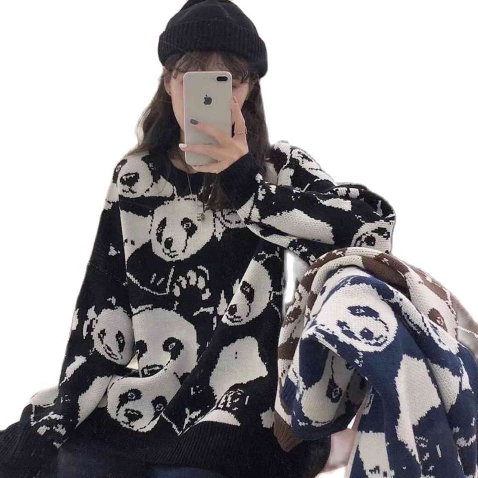 

women's sweaters suÃ©ter de malha feminino panda, blusas malha, roupas fofas, tamanho gran, soltas, casuais, com costura, preto, senho a, White;black