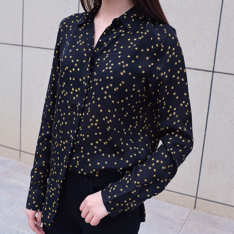 

2021 New Nova Primavera Blusa De Manga Longa Feminina Estrelas Estampado Macio Senhoras Camisas e Topos Com Botes Yjp6, Black