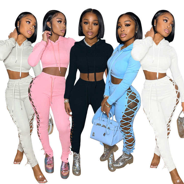 

Designers Women Clothes 2021 autumn and winter women's fashion corns bandage solid color pants two-piece set, Gray
