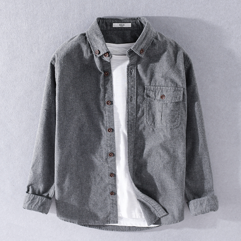 

2021 100% New Style Brushed Cotton Gray Brand Comfortable Shirts for Men Casual Solid Shirt Mens Chemise Overhemd Y7y3