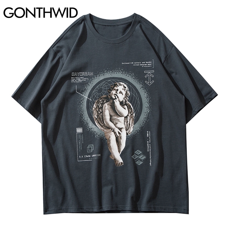 

Tees Shirts Thinking Angel Print Short Sleeve Tshirts Streetwear Mens Hip Hop Harajuku Fashion Casual Loose Cotton Tops 210602, Gray