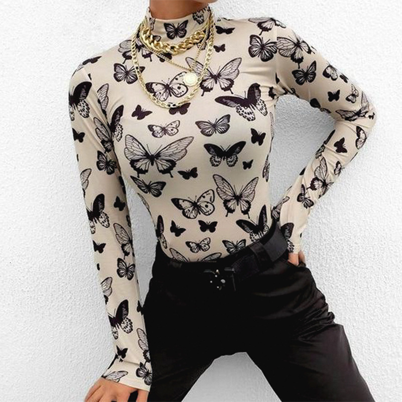 

2021 New Woman Spring Turtleneck Butterfly Print Tees Casual Long Sleeve Slim Bottoming Fashion Office Ladies Pullover Tops Vf2b, Black