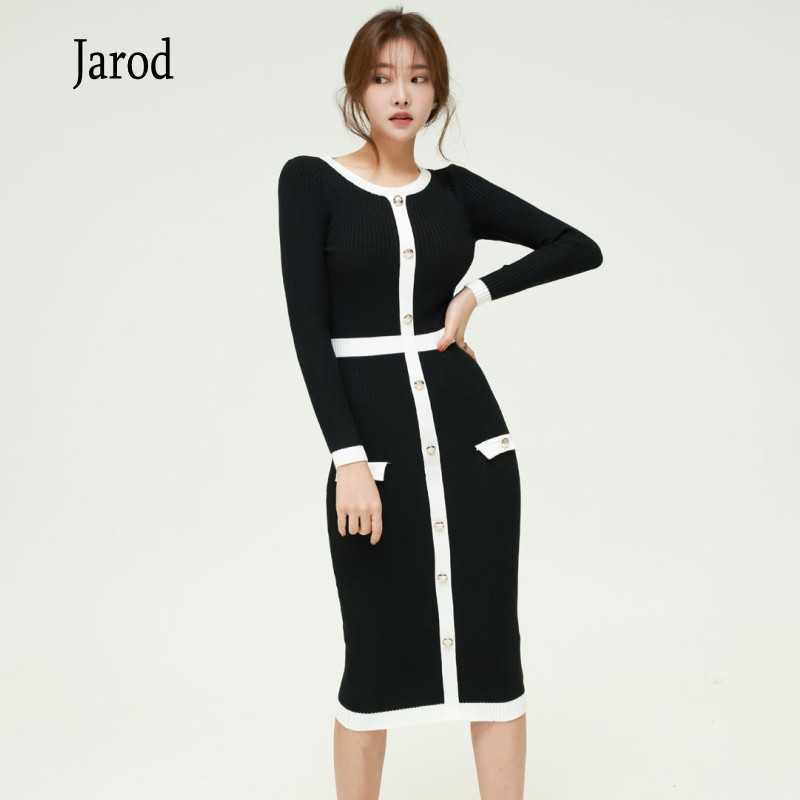 

Women fashion Hit color single-breasted Buttons Knit Midi Dress Vestidos Autumn Winter Long Sleeve Knitted sweater sheath Dresse 210526, Black